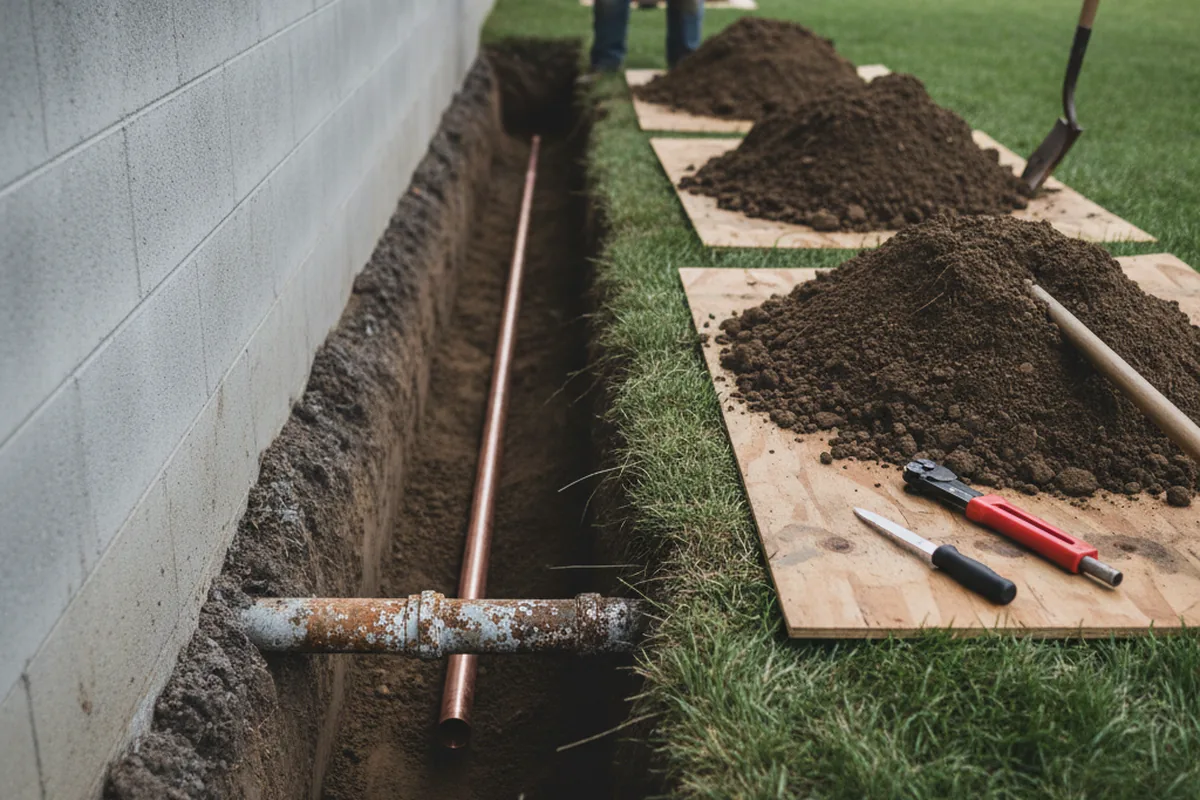 Excavated water line trench during Water Heater Repair in Mount Vernon
